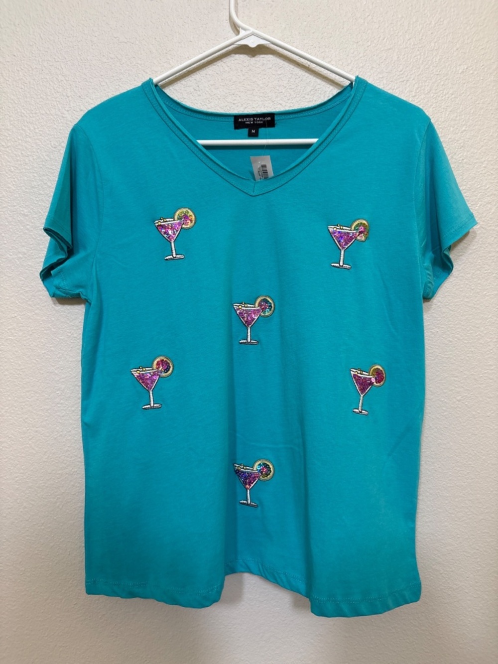 NWT Alexis Taylor Turquoise Martini Graphic Tee-Size Medium